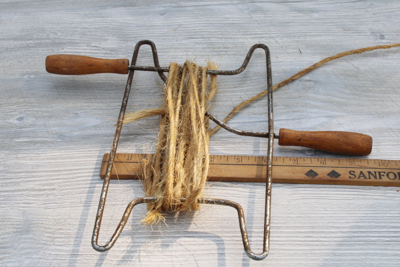 rustic vintage primitive rope winder, wood handled wire frame w/ old rope baling twine