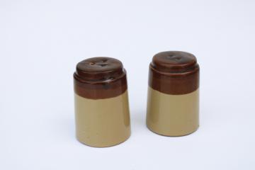 rustic vintage stoneware pottery S&P shakers, large salt and pepper set for kitchen or table