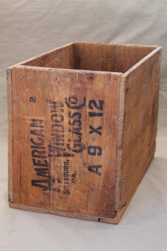 rustic vintage wood crate, old American Window Glass wooden shipping / storage box