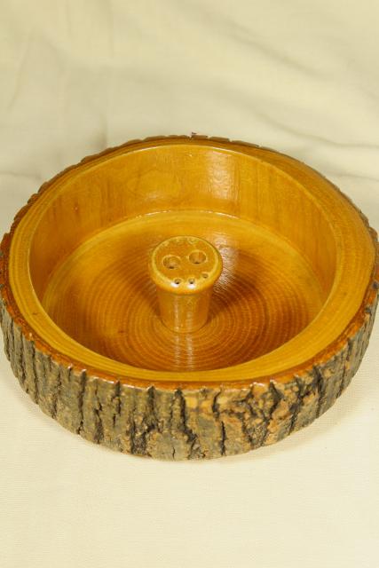 rustic vintage wood log nut bowl, old wooden bowl with natural tree bark