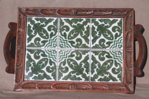 rustic vintage wood tray with Talavera style Mexican pottery tiles