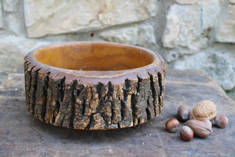 rustic vintage wooden nut bowl made from a log, live edge wood w/ tree bark