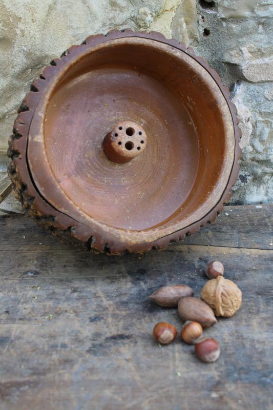 rustic vintage wooden nut bowl made from a log, live edge wood w/ tree bark