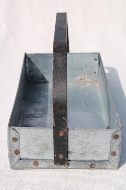 rustic vintage zinc metal tool box carrier tote tray w/ handle, farmhouse industrial style