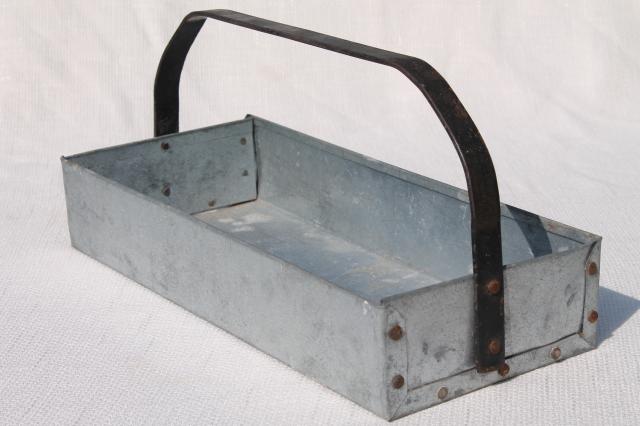 rustic vintage zinc metal tool box carrier tote tray w/ handle, farmhouse industrial style