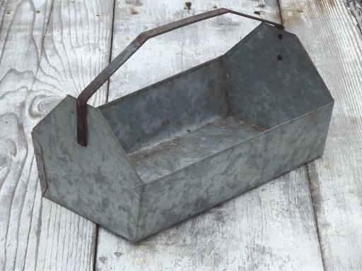 rustic vintage zinc metal tool box tote or carrier w/ rusty iron handle