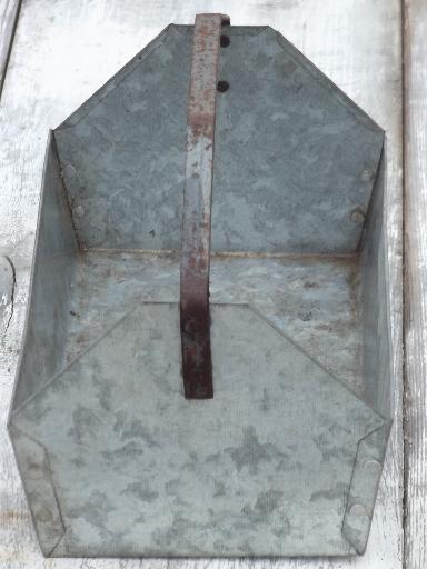 rustic vintage zinc metal tool box tote or carrier w/ rusty iron handle