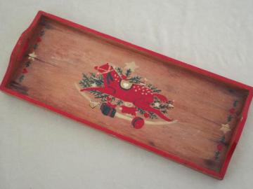rustic wooden tray w/ handpainted Dala horse, Swedish country wood tray