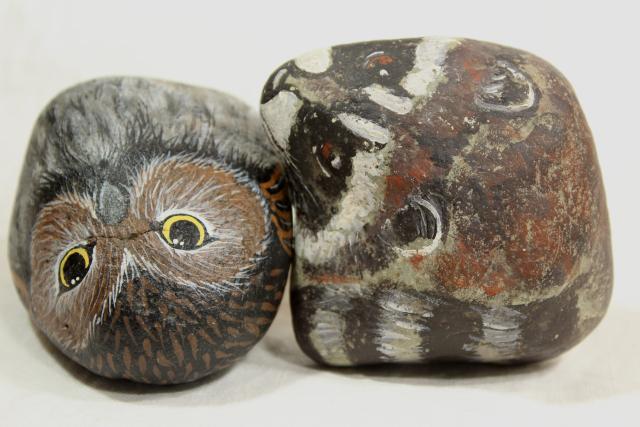 rustic woodland animals pet rocks, raccoon and owl hand painted artist signed 80s vintage