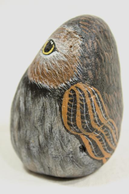 rustic woodland animals pet rocks, raccoon and owl hand painted artist signed 80s vintage