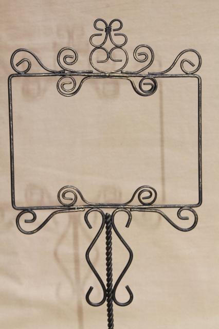 rustic wrought wire sign holder stands for wedding tables, postcards or store display signs
