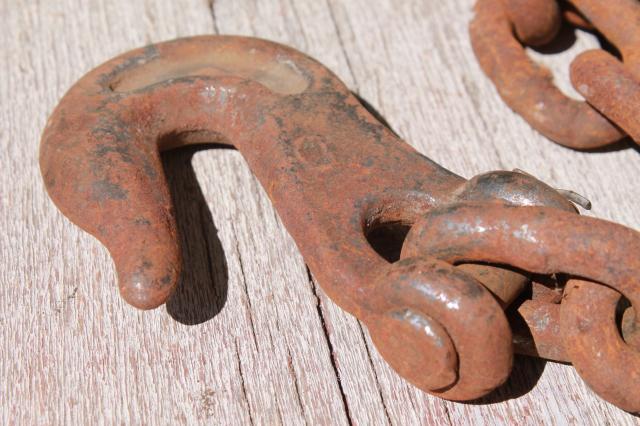 rusty iron chain yard long w/ heavy forged hook  rustic industrial vintage tool