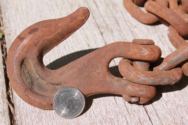 rusty iron chain yard long w/ heavy forged hook  rustic industrial vintage tool
