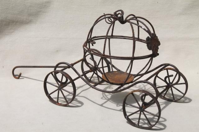 rusty rustic metal wire Cinderella pumpkin coach, enchanted garden ornament decor