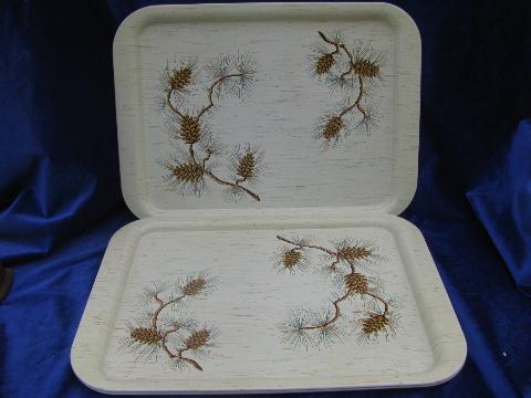 scotch pine branches vintage metal litho meal trays, adirondack camp