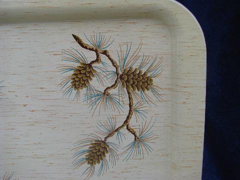 scotch pine branches vintage metal litho meal trays, adirondack camp