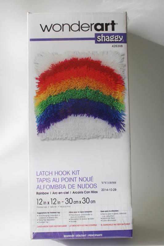 sealed latch hook kit, retro rainbow rya rug style shaggy pile throw pillow