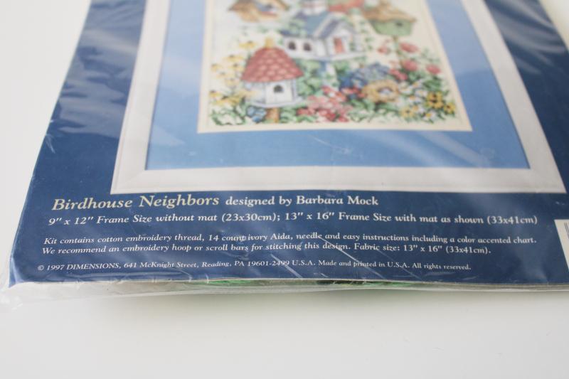 sealed needlework kit fabric & embroidery floss, counted cross-stitch birdhouses