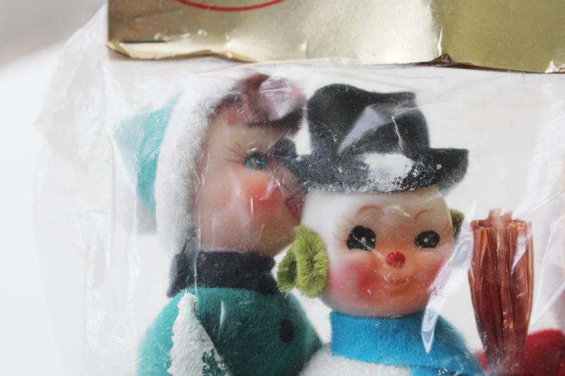 sealed package vintage Japan Christmas decoration flocked plastic snowman, boy & girl