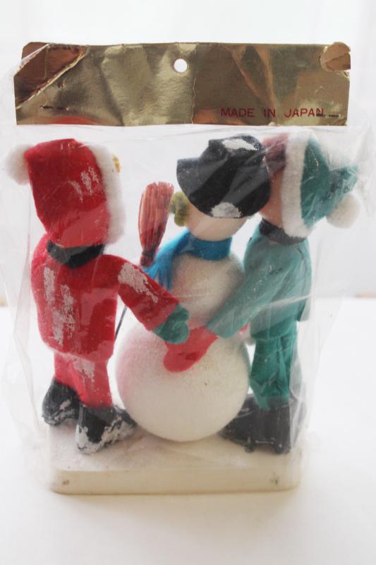 sealed package vintage Japan Christmas decoration flocked plastic snowman, boy & girl