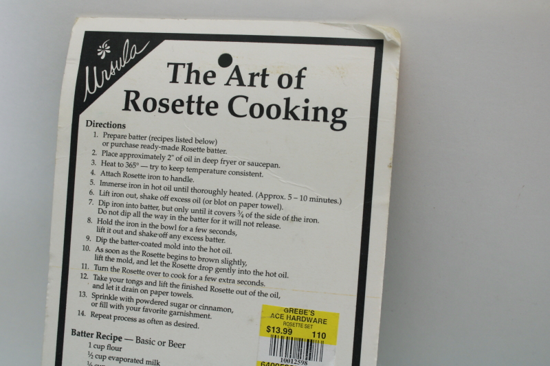 sealed rosette iron set w/ recipe  instructions for deep frying cookies
