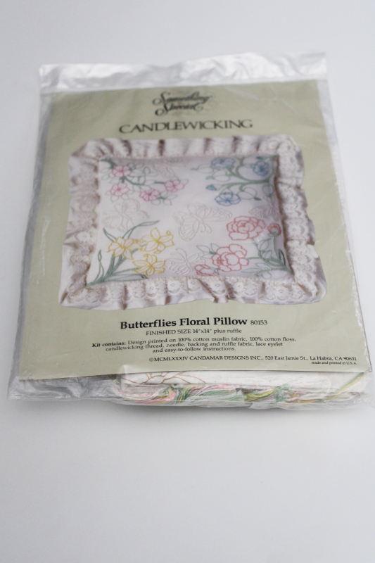 sealed vintage kit candlewick embroidery pillow, butterfly garden pink blue green yellow
