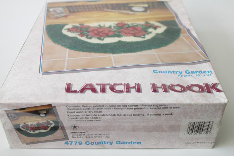 sealed vintage latch hook kit, roses floral half round mat, printed rug canvas & yarn