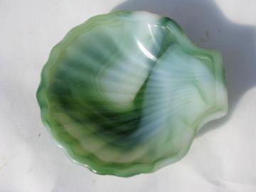 seashell shell-shaped pin dish or ashtray? vintage Akro agate green slag glass
