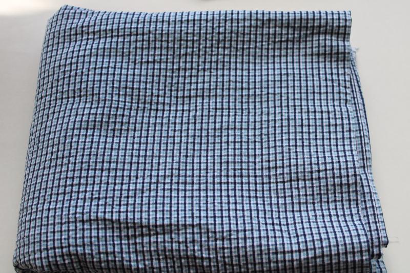 seersucker texture crinkle cotton fabric, blue & navy plaid tropic weight for summer