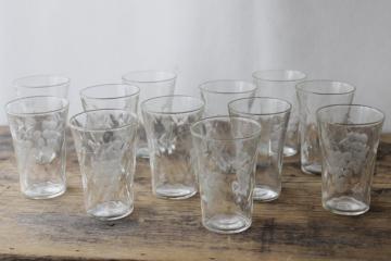 set 12 vintage juice or cordial glasses, wheel cut grapes etch, clear depression glass