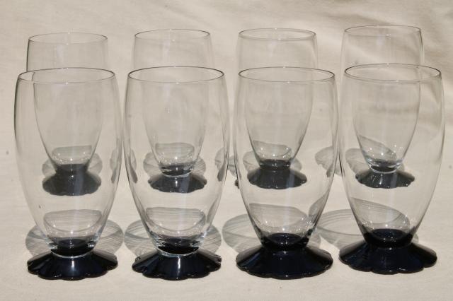 set 8 vintage ebony black / clear glass tumblers, Weston lilly pad water lily flower foot