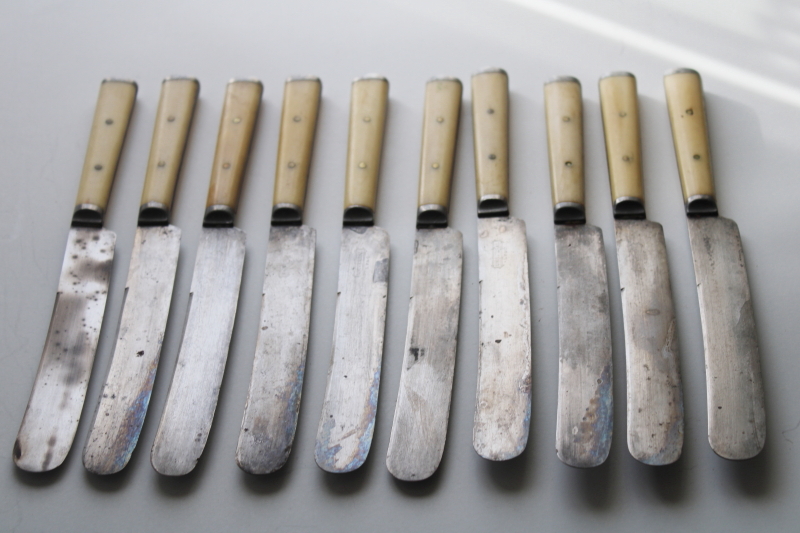 set for 10 antique steel forks  table knives w/ bone handles, 1800s vintage Landers Frary Clark