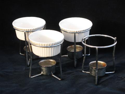 set individual warming stands to hold candles & china ramekins for fondue etc.
