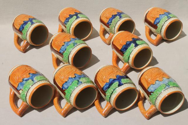 set of 10 vintage ceramic beer mugs, pottery steins w/ hand-painted beer garden scenes