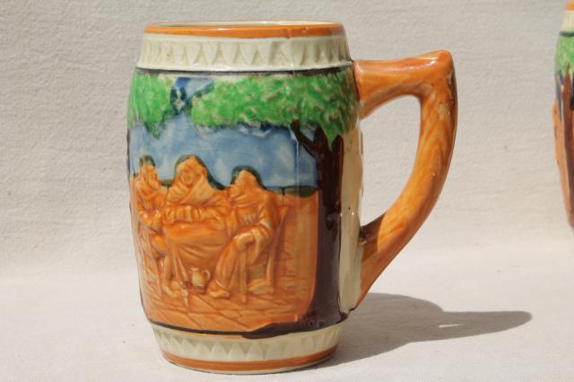 set of 10 vintage ceramic beer mugs, pottery steins w/ hand-painted beer garden scenes