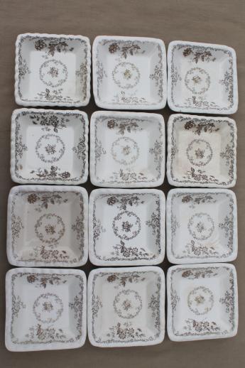 set of 12 antique brown transferware butter pats or side dishes, small square plates