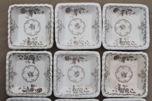 set of 12 antique brown transferware butter pats or side dishes, small square plates