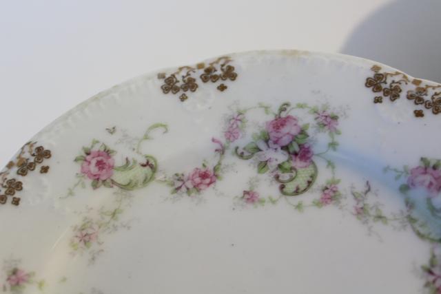 set of 12 antique china dessert plates w/ pink roses floral, Wallender Austria