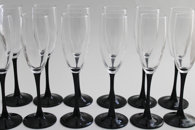 set of 12 ebony black stem crystal flute champagne glasses, vintage Luminarc France