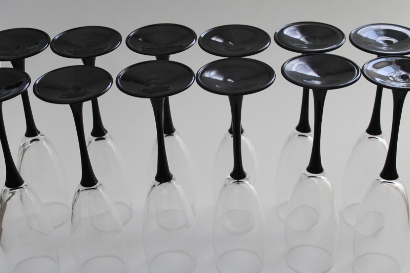 set of 12 ebony black stem crystal flute champagne glasses, vintage Luminarc France
