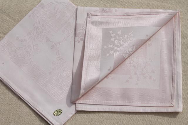 set of 12 pink cotton rayon damask cloth dinner napkins, unused table linen, vintage linens