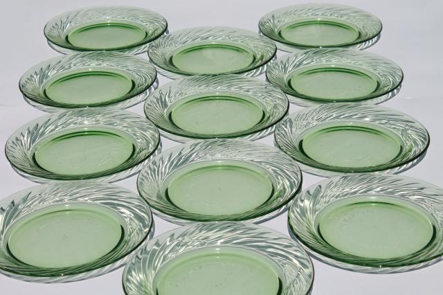 set of 12 spring green glass salad plates, vintage Pyrex festiva pattern glassware 