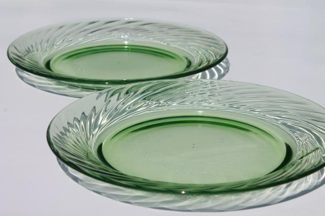 set of 12 spring green glass salad plates, vintage Pyrex festiva pattern glassware 