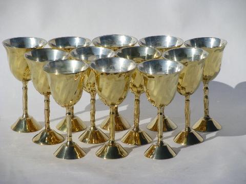set of 12 tiny tinned solid brass goblets, vintage liqueur glasses, silver & gold