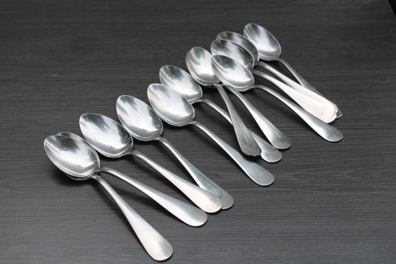 set of 12 vintage Army mess hall soup spoons, heavy Silco stainless flatware US military