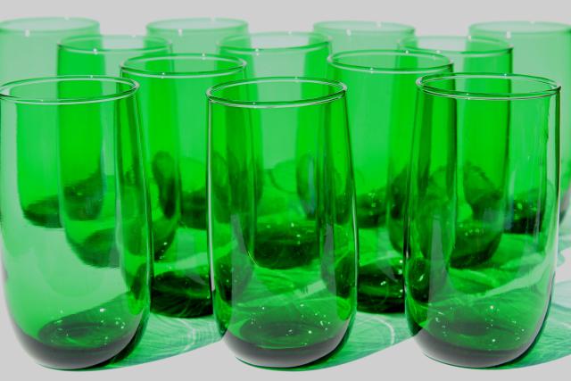 Set Of 12 Vintage Forest Green Glass Roly Poly Tumblers 50s Retro Drinking Glasses