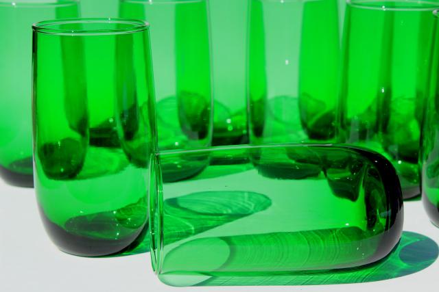 set of 12 vintage forest green glass roly poly tumblers, 50s retro drinking glasses