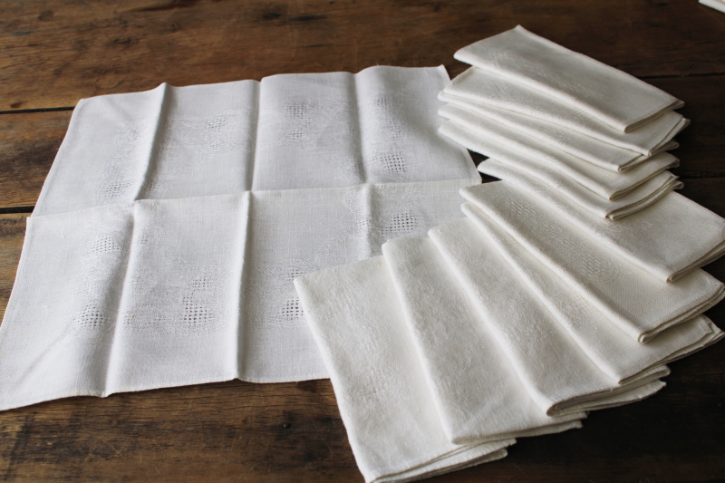 set of 12 vintage linen weave cotton napkins w/ pulled drawn thread work  embroidery