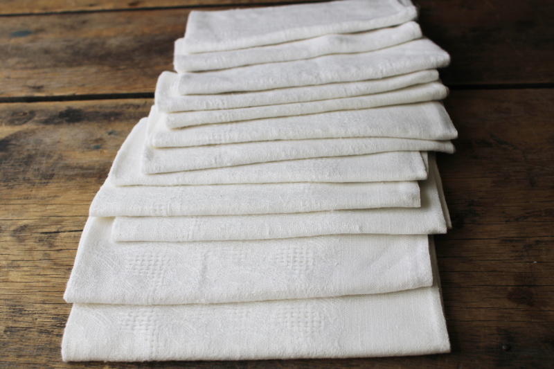 set of 12 vintage linen weave cotton napkins w/ pulled drawn thread work  embroidery