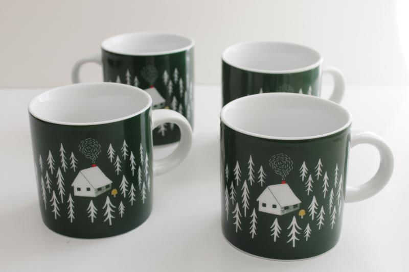set of 4 Danica short retreat coffee mugs, camp cabin in the pine trees woods